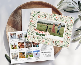 Christmas Year in Review Floral Border Template Horizontal Christmas Family Photo Editable Greeting Card Year in Review Xmas Card Template