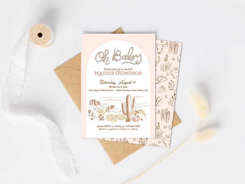 pink cowgirl baby shower invitation template instant download