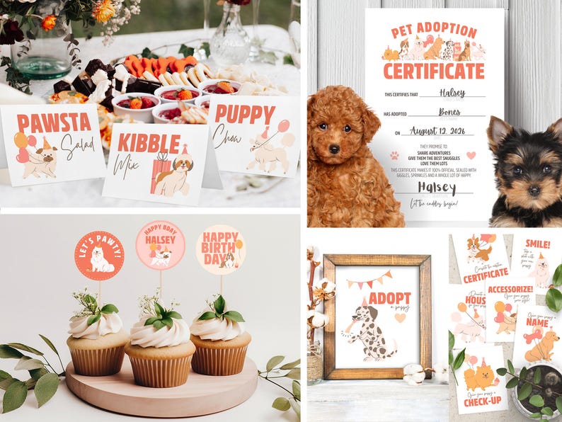 birthday party bundle for pet adoption theme party adopt-a-puppy adoption certificate food tent cards cupcake toppers