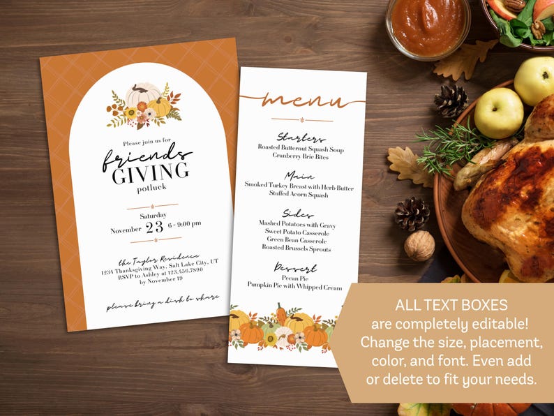 editable thanksgiving evite invitation and menu template instant download