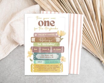 ONE for the Storybooks First Birthday Invitation Template – Girl's 1st Bday Fairytale Invitation Template Editable Printable Canva Template