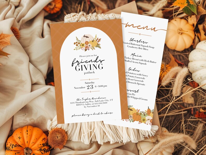 friendsgiving thanksgiving menu and invitation editable template