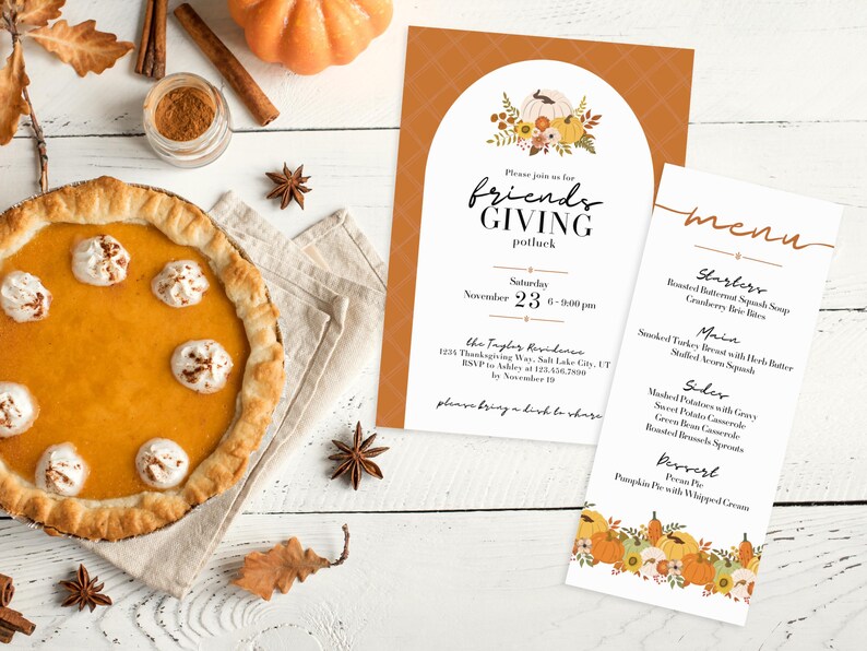 thanksgiving dinner party invitation and menu editable