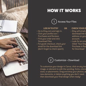 May include: A laptop with a white keyboard sits on a wooden table, with a notepad and pen nearby. The screen displays instructions on how to access and customize files purchased on Etsy. The text includes steps for downloading and customizing designs.