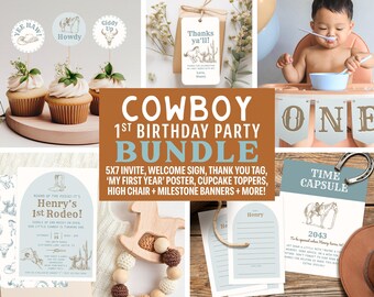 May include: A collection of cowboy-themed party supplies for a first birthday. Includes cupcake toppers, invitations, a banner that says "ONE", a time capsule, and a wooden rocking horse toy. The text "Cowboy 1st Birthday Party Bundle" is displayed.