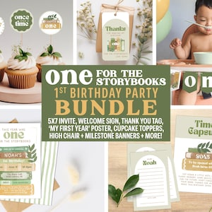 May include: A collection of party supplies for a first birthday, including cupcake toppers, invitations, and banners. The theme is "One for the Storybooks" with a green and white color scheme. The image also includes a baby eating from a bowl.