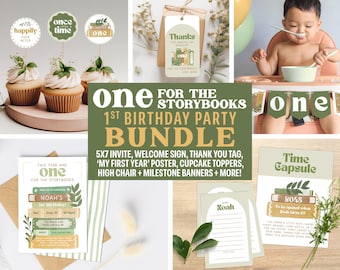 May include: A collection of party supplies for a first birthday, including cupcake toppers, invitations, and banners. The theme is "One for the Storybooks" with a green and white color scheme. The image also includes a baby eating from a bowl.