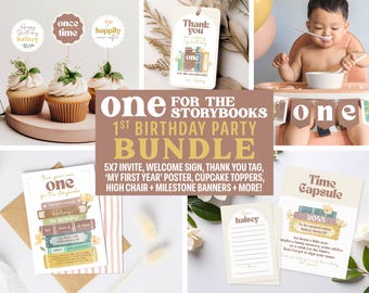 May include: A collection of party supplies for a first birthday, including cupcake toppers, a welcome sign, and a banner. The theme is "One for the Storybooks" with a color palette of brown, cream, and gold. The bundle includes invitations and milestone banners.