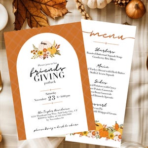 boho floral friendsgiving invitation and menu template