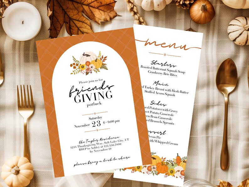 boho floral friendsgiving invitation and menu template