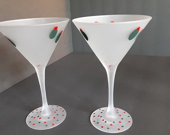 Frosted Glass Hand Painted Martini Glasses, Signed by Artist