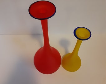 2 Carlo Moretti Satinato Vases, One Red, One Yellow, Made in Murano Italy