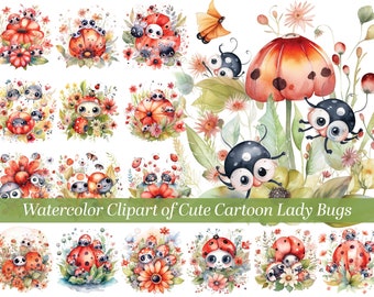 Watercolor Clip Art of extremely cute cartoon style Ladybugs playing with their ladybug friends. Watercolor clip art produced at 300 DPI.