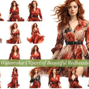 Watercolor clipart of beautiful redheads with their best outfit on.  Redhead beauties showing of their best outfit.  Watercolor clipart.