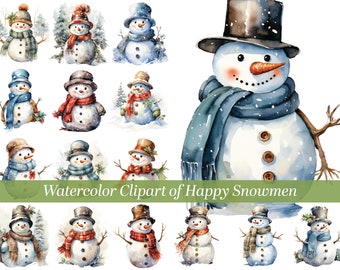 Watercolor Clipart of very Happy Christmas Snowmen.  Cute snowmen in beautiful watercolor clipart.  Perfect for Christmas Crafts.