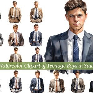 Teenage Boys dressed in suits in this watercolor clipart set.  Young men dressed for special occasion in watercolor clipart set.