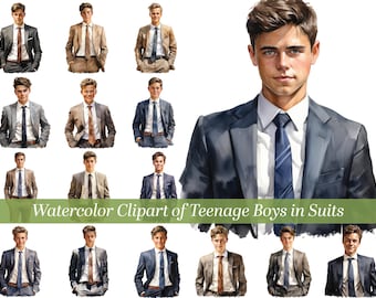 Teenage Boys dressed in suits in this watercolor clipart set.  Young men dressed for special occasion in watercolor clipart set.