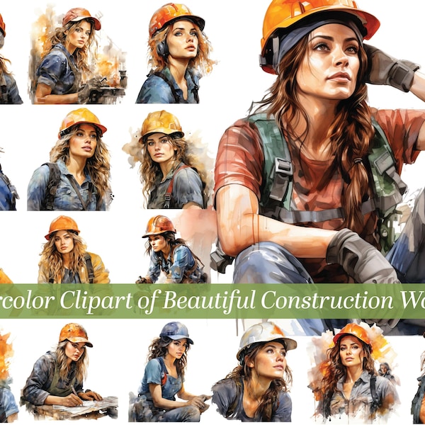 Watercolor Clipart of beautiful construction workers.  Women working hard as construction workers in this clipart set,  Transparent PNG's.