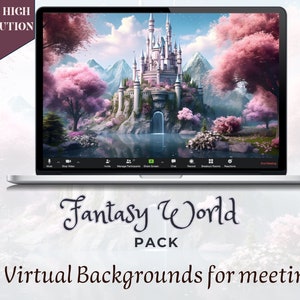 Peut inclure: Un écran d'ordinateur portable affichant un arrière-plan virtuel de monde fantastique avec un château rose, des montagnes et des arbres. Le texte "Fantasy World Pack" et "5 Virtual Backgrounds for meetings" est affiché sous l'ordinateur portable.