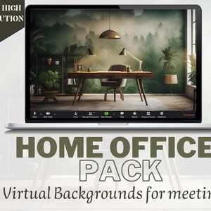Puede incluir: Una pantalla de computadora portátil que muestra un fondo virtual de una oficina en casa con un escritorio, una silla y plantas. El texto "HOME OFFICE PACK" y "5 fondos virtuales para reuniones" se muestra debajo de la computadora portátil.