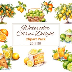 May include: Watercolor clipart pack of citrus fruits, including oranges, lemons, limes, and a citrus-themed cake, ice cream cone, and glass of juice. The clipart is perfect for adding a touch of summer to your designs.