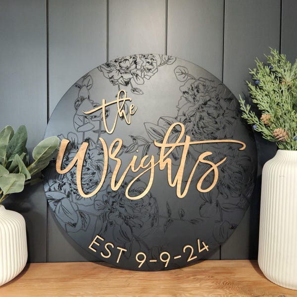 Personalized Floral Wedding Sign: Custom Last Name Decor with Command Strips for Newlyweds