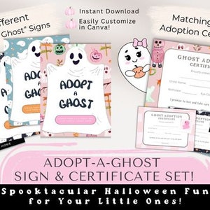 Adopteer een spookteken en certificaatset voor spookachtig Halloweenplezier!, canvassjablonen, halloweenfeest, retro, oranje, roze, leuk, spoken, pastel