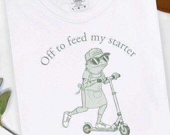 Camiseta de masa madre, camiseta divertida para hornear, regalo para hacer pan, gráfico de rana en patinete con humor sarcástico