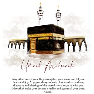 Plakat Umrah Mubarak | Pamięć hadżdż | Karta |Wysokiej jakości druk akwarelowy | Papeteria islamska| angielski