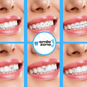 May include: A collage of close-up images showcasing various dental jewelry designs on bright white teeth. The designs include individual gems, clusters, and a butterfly shape. The "Smile Zone Pro" logo is in the center.