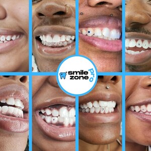 May include: A collage of close-up shots of various people's smiles, showcasing teeth with decorative gems. The images are arranged in a grid, with a central logo that reads "smile zone pro."