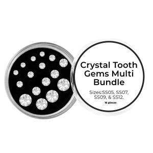 May include: A multi-pack of crystal tooth gems in a clear container with a black interior. The gems are various sizes and are displayed next to a container with the text "Crystal Tooth Gems Multi Bundle". The bundle includes 16 pieces.