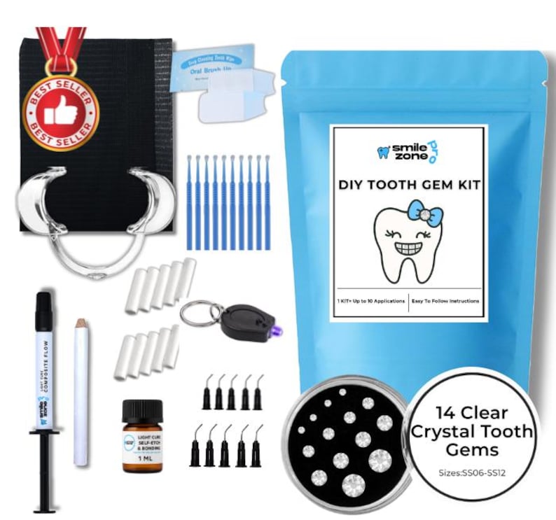 May include: A DIY tooth gem kit with a blue pouch, a variety of tools, and 14 clear crystal tooth gems. The kit includes a light cure composite flow, a light, and a best seller medal.