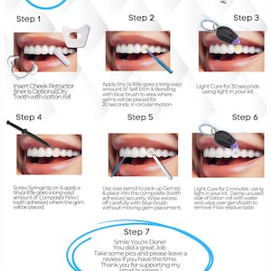 May include: Illustrated instructions for applying tooth gems. Steps include applying a cheek retractor, bonding agent, and composite flow. The process involves using a blue brush, light cure, and wax pencil. The final step encourages a review.