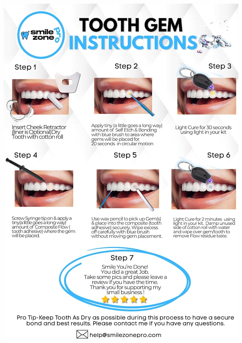 May include: Illustrated instructions for applying tooth gems. Steps include applying a cheek retractor, bonding agent, and composite flow. The process involves using a blue brush, light cure, and wax pencil. The final step encourages a review.