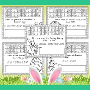 May include: A set of Easter activity sheets with questions and answer spaces. The sheets feature illustrations of Easter eggs, bunnies, and chicks. The text includes questions like "What do you call a mischievous Easter egg?" and a decoder.