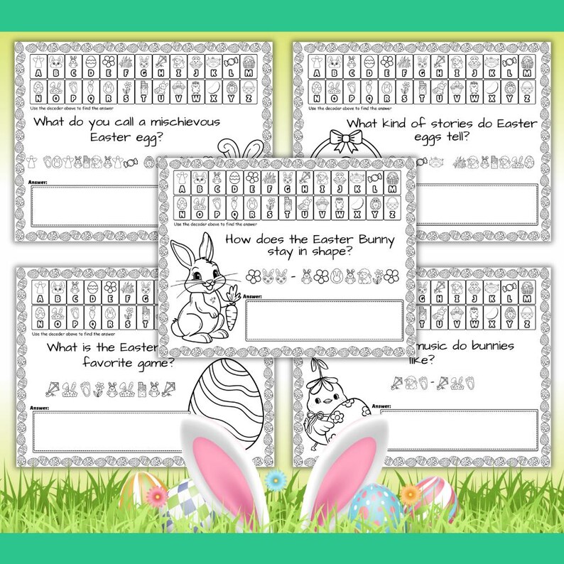 May include: A set of Easter activity sheets with questions and answer spaces. The sheets feature illustrations of Easter eggs, bunnies, and chicks. The text includes questions like "What do you call a mischievous Easter egg?" and a decoder.