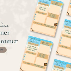Planificador de verano con imprimibles semanales y diarios / Insertos Canva - Tarjetas de afirmación / Diario de gratitud / Tamaños A4, A5, 85x11