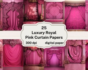 Luxury Royal Pink Digital Paper, pink ornate curtain backgrounds printable scrapbook paper instant download commercial use