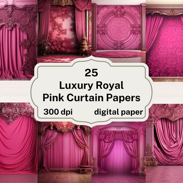 Luxury Royal Pink Digital Paper, pink ornate curtain backgrounds printable scrapbook paper instant download commercial use