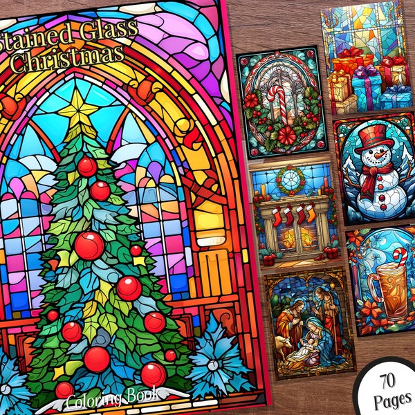 Stained Glass Christmas Coloring Book - 70 Grayscale Printable Adult Coloring Pages in PDF Format - Instant Digital Download