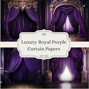 Papel digital Royal Purple de lujo, fondos de cortina adornados púrpura papel de álbum de recortes imprimible descarga instantánea uso comercial