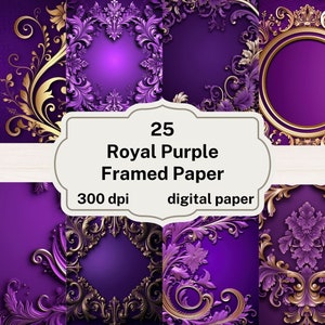 Papel digital Royal Purple e Gold Frame, fundos emoldurados em ouro, papel para scrapbook imprimível, download instantâneo, uso comercial
