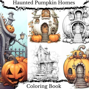 Haunted Pumpkin Homes coloring book - grayscale pages, digital download PDF