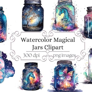 Watercolor Magical Jars Clipart, printable scrapbooking fairytale jar clip art commercial use digital download