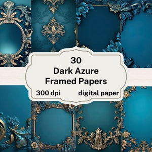 Dark Azure Frame Digital Paper, sfondi incorniciati ornati blu scuro, carta scrapbook stampabile, download istantaneo, uso commerciale