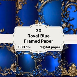 Royal Blue gerahmtes Digital Paper, blau und gold verzierte gerahmte Hintergründe druckbare Scrapbook Papier sofortiger Download kommerzielle Nutzung