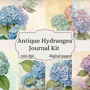 Antique Hydrangea Journal Kit, watercolor hydrangea junk journal pages with ephemera and tags, printable 8.5x11 inch paper, instant download