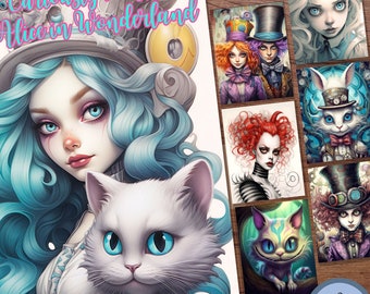 Curiously Twisted Alice in Wonderland Coloring Book - 50 Grayscale Printable Adult Coloring Pages in PDF Format - Instant Digital Download