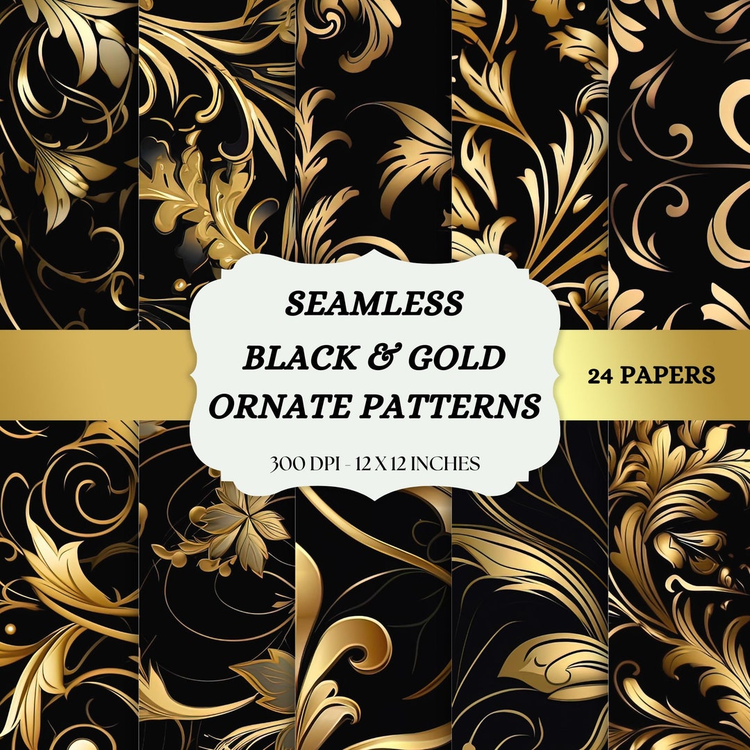 Black and Gold Digital Paper - Seamless Ornate Patterns for ...